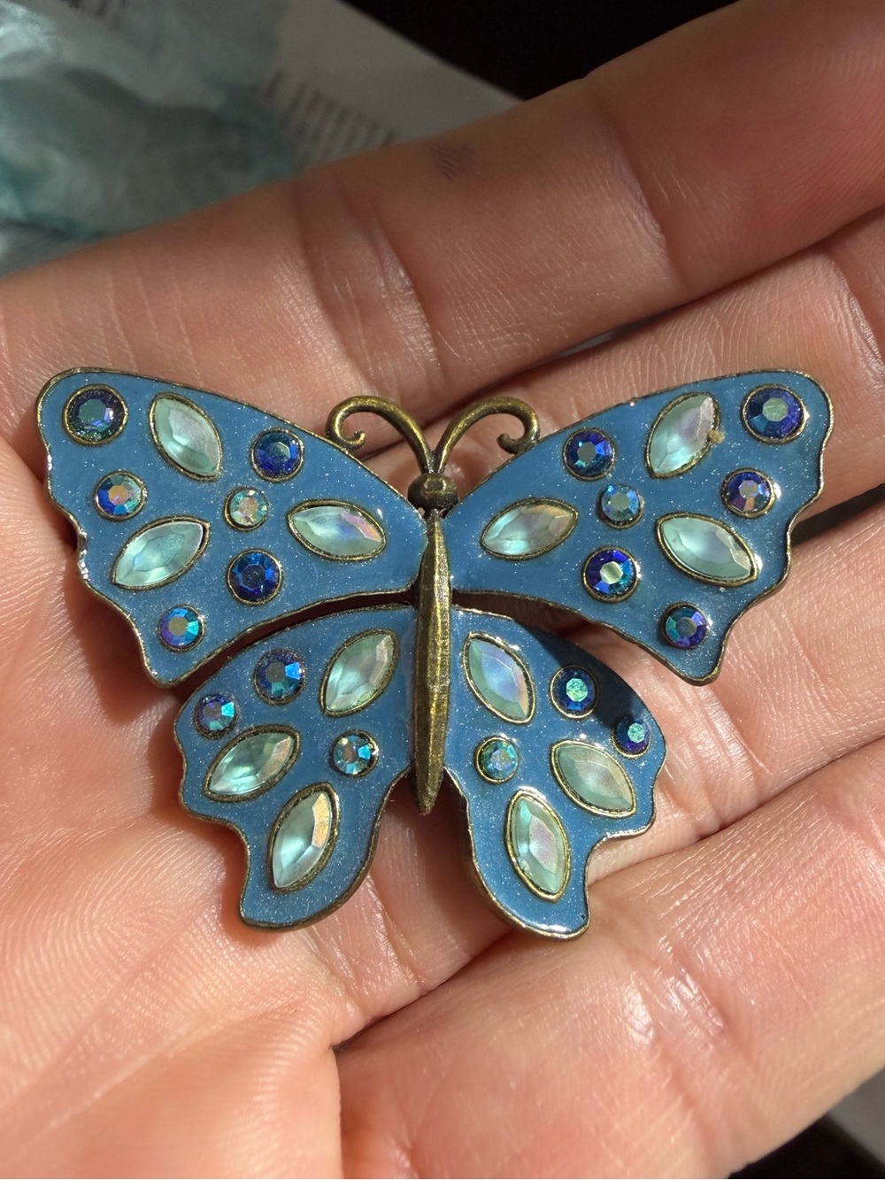 Vintage Gold Tone Avon Blue Butterfly Rhinestone Brooch